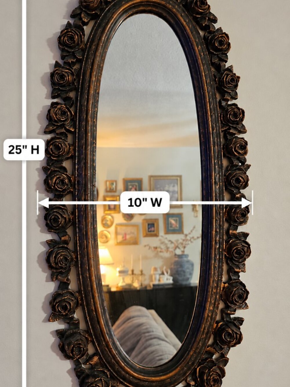 Vintage Coppercraft Guild Oval Rose & Ribbon Detail Mirror–Hollywood Regency